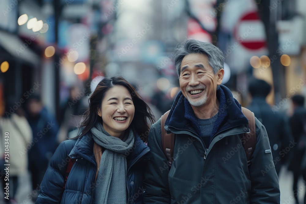 A man and woman are smiling and walking down a street A man and woman are smiling and walking down a street