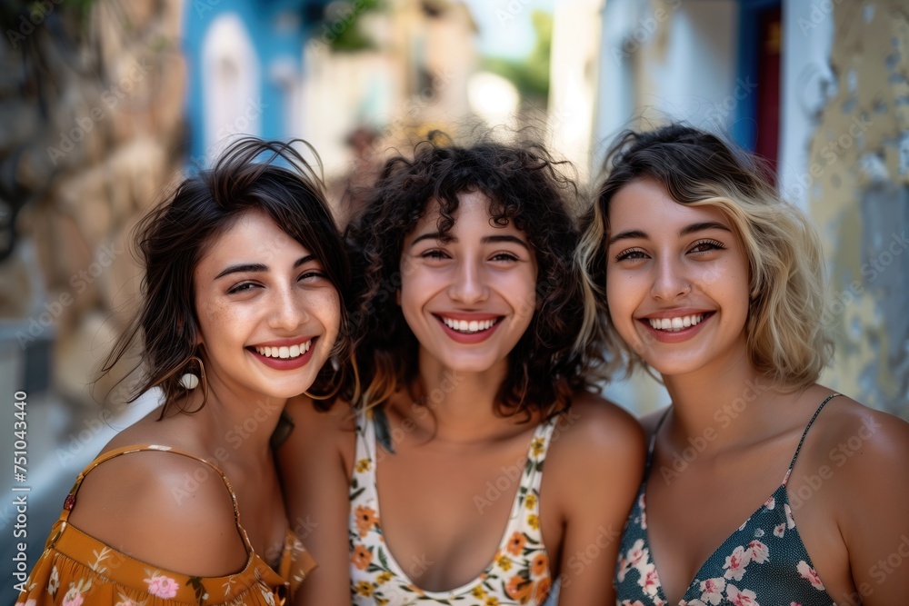 Three women with curly hair are smiling and posing for a photo