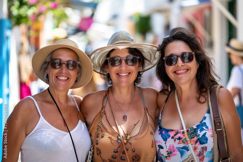 Three women wearing hats and sunglasses are smiling for the camera Three women wearing hats and sunglasses are smiling for the camera