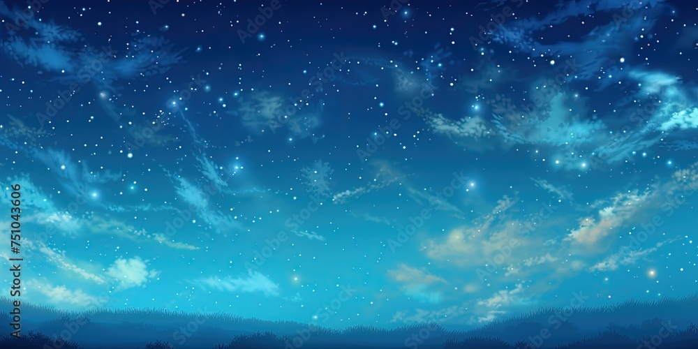 Aqua blue Heavenly sky. Sky of shooting stars, meteor shower, wide format background illustration. Space spectacle.