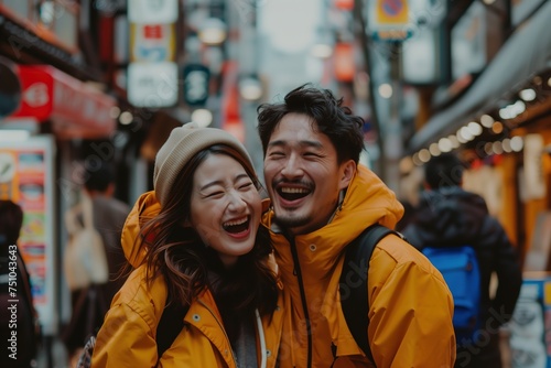 A couple is smiling and laughing in a busy city street