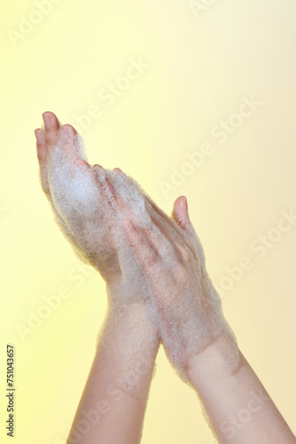 Hygiene. Cleaning Hands. Washing hands with soap bubbles