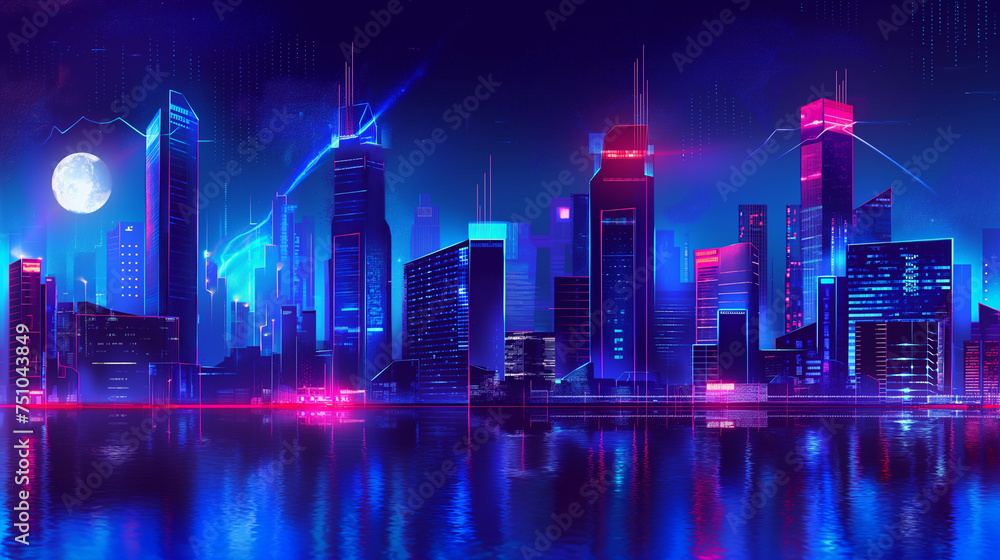 Futuristic night city. Cityscape on a dark background with bright and glowing neon lights. panorama with modern buildings and skyscrapers. Cyberpunk and retro wave style.