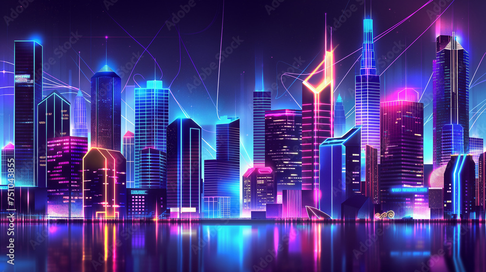 Futuristic night city. Cityscape on a dark background with bright and glowing neon lights. panorama with modern buildings and skyscrapers. Cyberpunk and retro wave style.