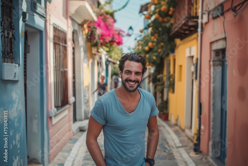 A man is smiling in front of a colorful building