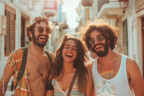 Three people are smiling and laughing together on a sunny day