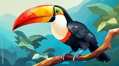 A vector image of a toucan perched on a branch. photo