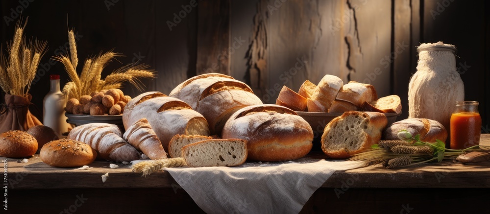 The image shows a table covered with an assortment of fresh bread, including loaves, baguettes, rolls, and buns. The bread is arranged neatly, showcasing its different shapes, textures, and crusts