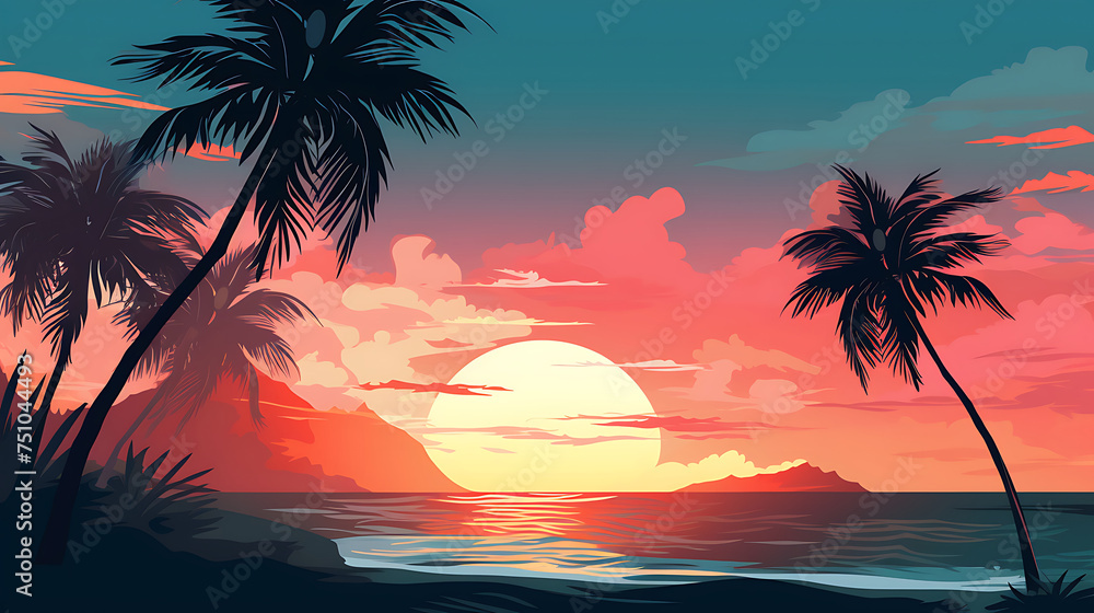 A vector representation of a beach with palm trees.