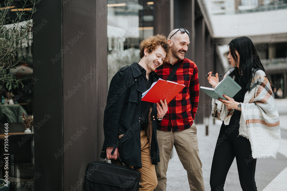 Fototapeta premium Casual outdoor meeting of business associates with documents and a conversational atmosphere in an urban setting.