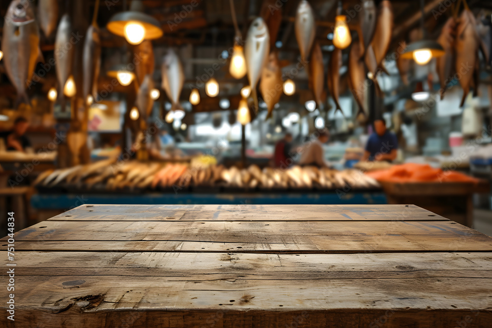 Wooden Tabletop with Blurred Fish Market Background
