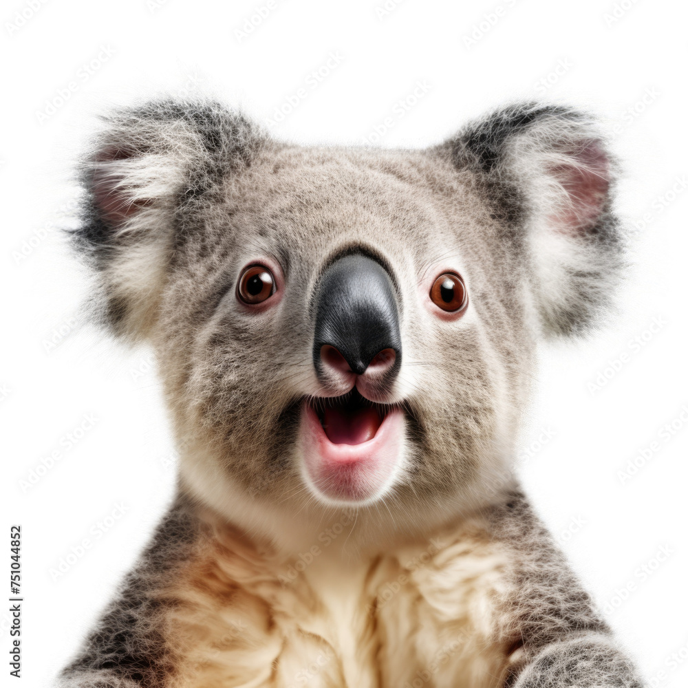 Fototapeta premium Koala's startled facial expressionisolated on transparent background, element remove background, element for design - animal, wildlife, animal themes