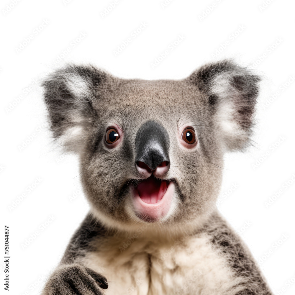 Fototapeta premium Koala's startled facial expressionisolated on transparent background, element remove background, element for design - animal, wildlife, animal themes