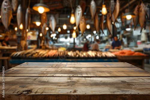 Wooden Tabletop with Blurred Fish Market Background