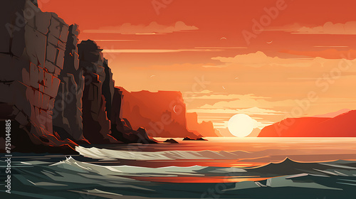 A vector representation of a coastal cliff at sunset.