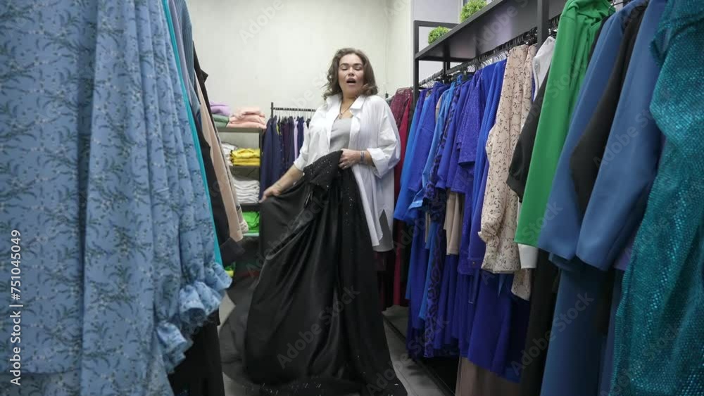 A fat woman in a plus size store tries on a black evening dress. A fat woman in a plus size store tries on a black evening dress.