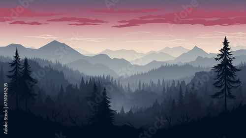 A vector representation of a foggy forest at dawn. © Tayyab
