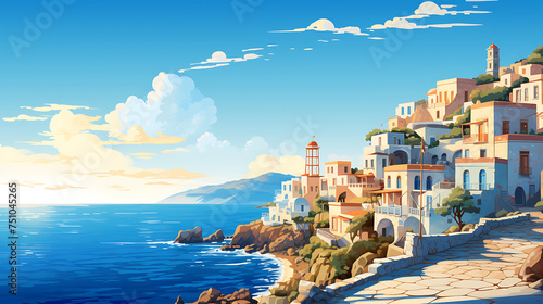 A vector representation of a Greek village by the sea.
