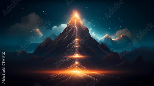 The road to success  the glowing light to the top  the future journey of the glowing mountain road