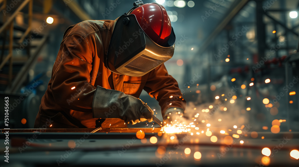 A skilled welder is immersed in his craft, sparks flying as he fuses metal with precision, clad in protective gear within the industrial ambiance of a busy workshop. A skilled welder is immersed in his craft, sparks flying as he fuses metal with precision, clad in protective gear within the industrial ambiance of a busy workshop.