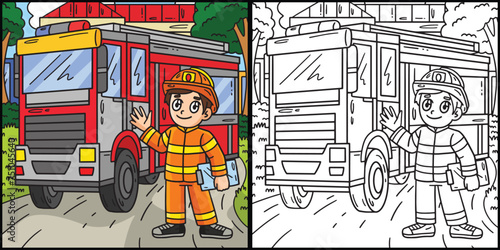 Firefighter and Fire Truck Coloring Illustration