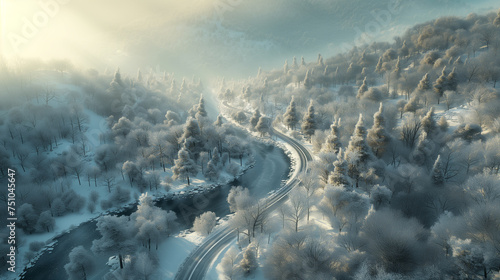 A serene winter landscape unfolds with a winding road cutting through a frosted forest, the trees cloaked in snow under the soft glow of a hazy morning sun.