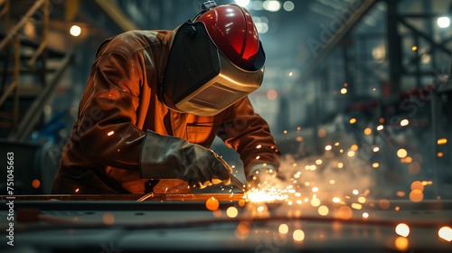 A skilled welder is immersed in his craft, sparks flying as he fuses metal with precision, clad in protective gear within the industrial ambiance of a busy workshop.