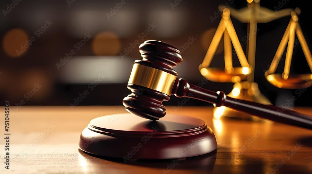 Close-up of gavel on judge's table with golden details symbolizing law, justice and court authority Close-up of gavel on judge's table with golden details symbolizing law, justice and court authority