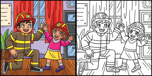 Firefighter and Child Coloring Page Illustration