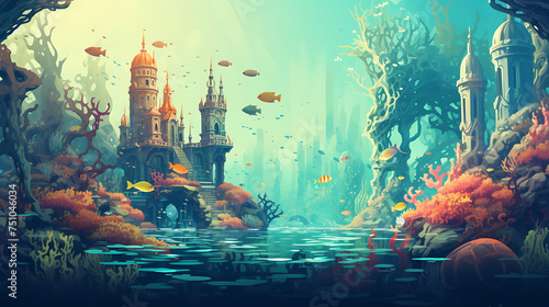 A vector representation of a surreal underwater city.