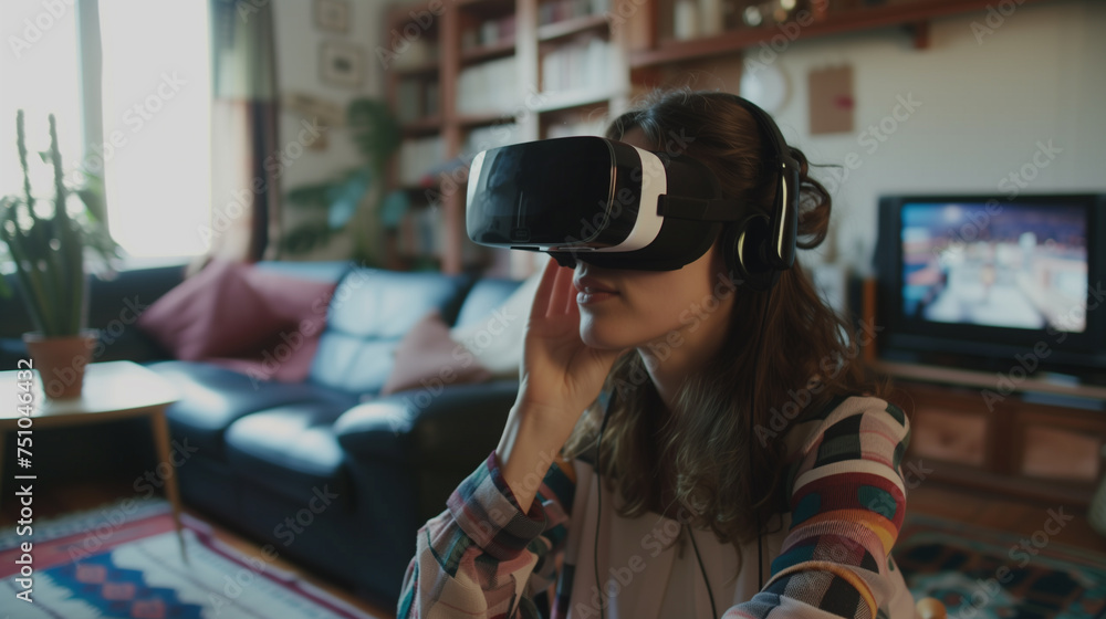 A focused individual engages with a virtual reality headset in a well-lit, cozy living room, suggesting a blend of modern technology and comfortable home life. A focused individual engages with a virtual reality headset in a well-lit, cozy living room, suggesting a blend of modern technology and comfortable home life.