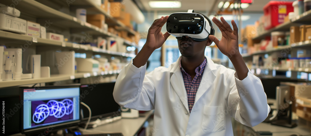 A researcher adjusts a virtual reality headset in a laboratory, preparing to delve into the augmented reality of genetic sequencing, with laboratory supplies and computer monitors in the background.