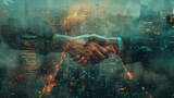 A striking image featuring two hands in a handshake, superimposed on a night cityscape, highlighting the theme of corporate relationships and urban progress in the evening lights.