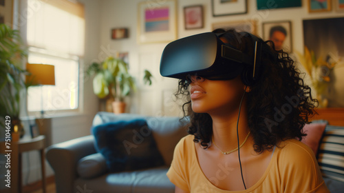 A young woman wearing a virtual reality headset in a cozy home setting, immersed in a digital experience with sunlight filtering through the window.
