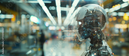 This image captures a humanoid android head in a futuristic facility  symbolizing the cutting-edge integration of artificial intelligence into modern technology and infrastructure.