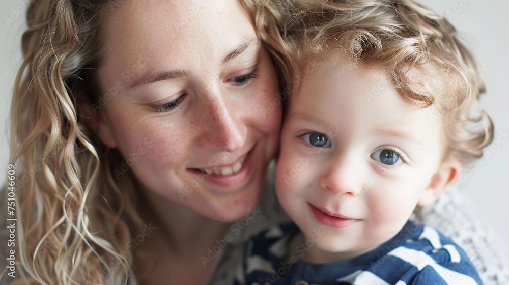 Close-up of the mother and her toddler son engaged in a learning activity, such as reading a book or exploring educational toys, against a white background, generative AI Close-up of the mother and her toddler son engaged in a learning activity, such as reading a book or exploring educational toys, against a white background, generative AI