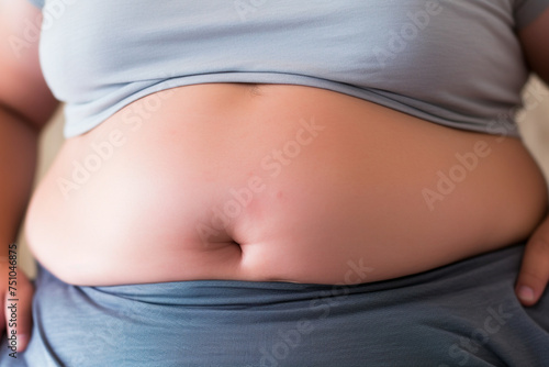 Prominent belly concerns about obesity manifested, an introspective moment about health.