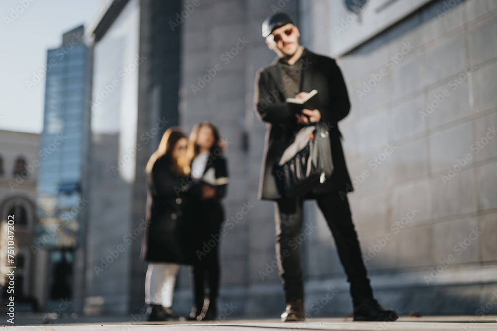 Dynamic image showcasing young professionals engaged in a business meeting outside, with city architecture softly blurred in the background. Dynamic image showcasing young professionals engaged in a business meeting outside, with city architecture softly blurred in the background.