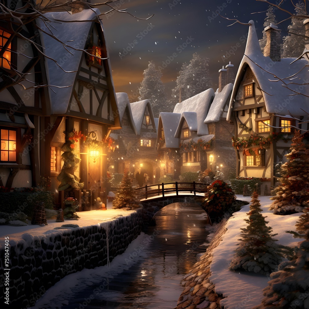Winter night in a small village with houses and a small bridge.