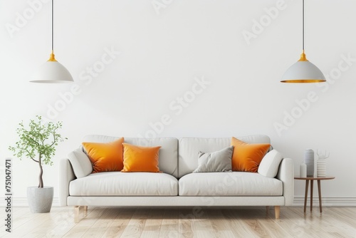 Bright and comfortable modern living room interior has sofa and lamp on white wall background photo