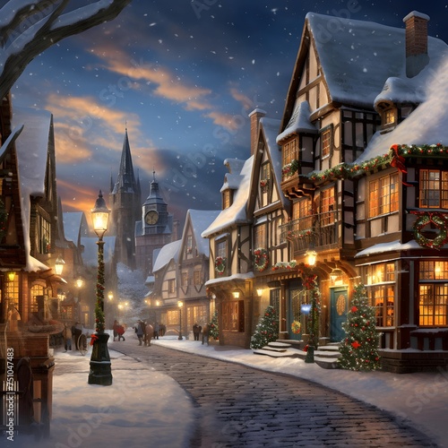 Beautiful old town in winter at night. Digital painting illustration. photo