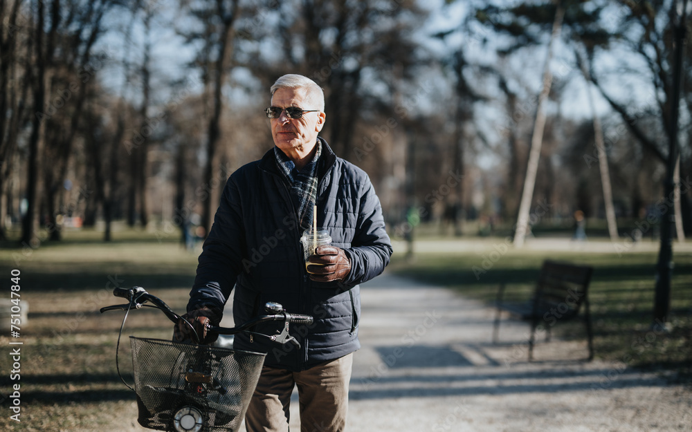 An elderly gentleman strolls through a sunlit park with his bicycle, holding a drink, exuding an air of peaceful retirement and leisure.