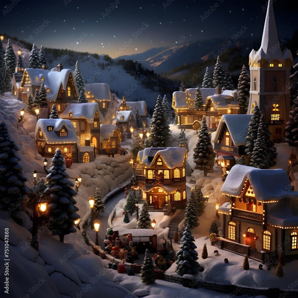 Christmas village in the mountains at night with a starry sky.