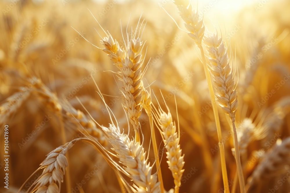 Close up of wheat ears in sunny field of wheat in a summer or autumn day. Harvesting period Close up of wheat ears in sunny field of wheat in a summer or autumn day. Harvesting period
