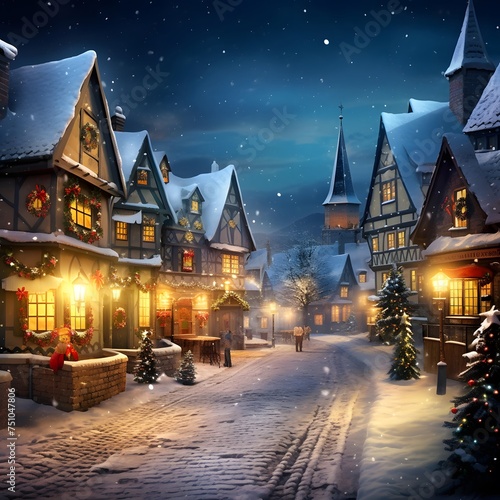 Winter night village. Christmas and New Year background. Digital painting.
