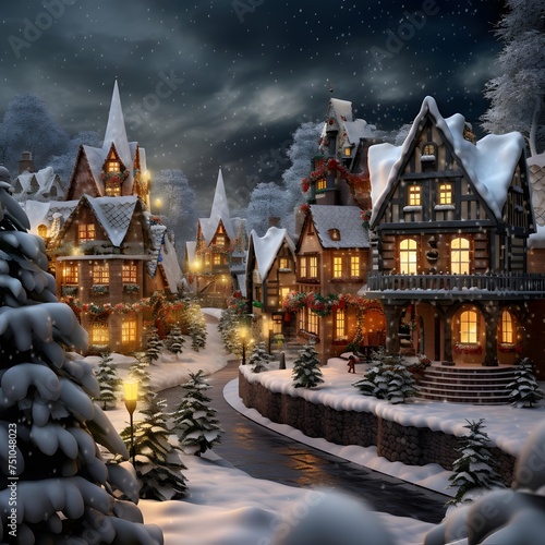 Christmas and New Year holidays background. Winter village with houses and trees in the snow.