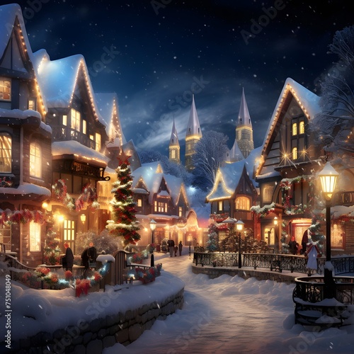 Winter night in the city. Christmas and New Year holidays. Christmas village.