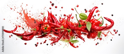 A cluster of vibrant red peppers with green leaves and sprinkles arranged on a white background. The peppers are fiery and intense, creating a visually striking composition.