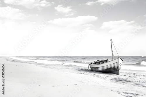 Nostalgic Monochrome View of a Tranquil Seashore with a Lonely Sailboat and a Beach Chair