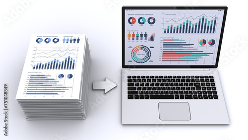山積みのビジネス資料とデータを格納したノートパソコン、デジタイズイメージ
